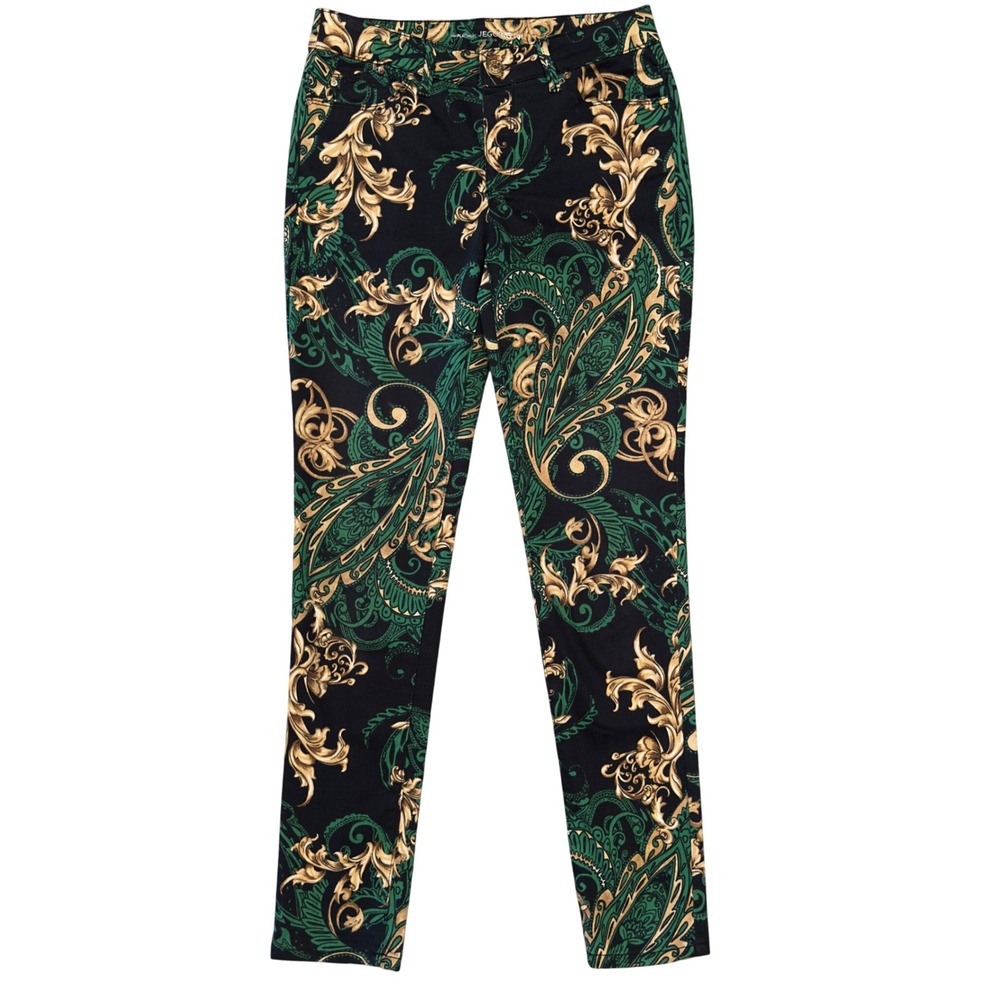 Chico's Platinum Baroque Paisley Jeggings Green Gold Black Pull On 00|XS|2